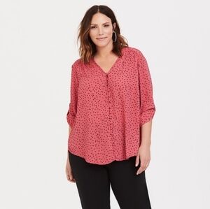 Torrid Haper Pink Black Polka Dot Button Loop Front Georgette V-Neck Blouse 2X